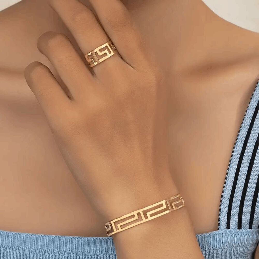 Gold Greek Cut-Out Bracelet and Ring Set